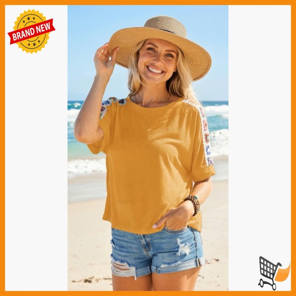 Oversized Embroidered Summer Blouse Casual Beach Vacation Top - Picture 6 of 7